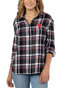 Nebraska Cornhuskers Womens Boyfriend Plaid Long Sleeve Black Dress Shirt