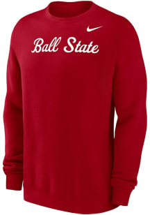 Nike Ball State Cardinals Mens Red Script Club Fleece Long Sleeve Crew Sweatshirt