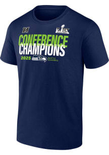 Seattle Seahawks Navy Blue 2025 Conference Champs LX Right Side Draw Short Sleeve T Shirt