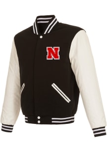 Nebraska Cornhuskers Mens Black Reversible Fleece and Faux Leather Medium Weight Jacket