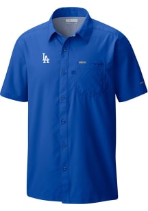 Columbia Los Angeles Dodgers Mens Blue Heat Seal Slack Tide Camp Short Sleeve Dress Shirt