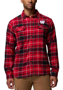 Columbia Wisconsin Badgers Mens Red Plaid Flare Gun Long Sleeve Dress Shirt