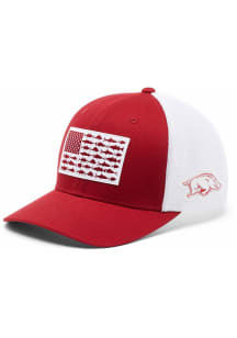 Columbia Arkansas Razorbacks Mens Cardinal PFG Mesh Fish Flag Ball Cap Flex Hat