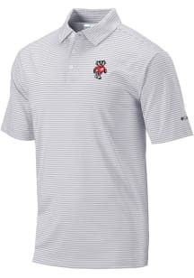 Columbia Wisconsin Badgers Mens Grey Invite Stripe Short Sleeve Polo