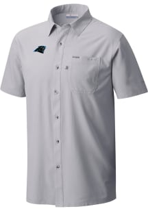 Columbia Carolina Panthers Mens Grey Heat Seal Slack Tide Camp Short Sleeve Dress Shirt
