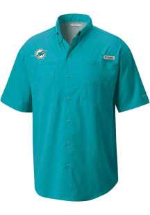 Columbia Miami Dolphins Mens Blue Heat Seal Tamiami Short Sleeve Dress Shirt