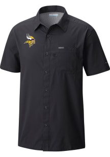 Columbia Minnesota Vikings Mens Black Heat Seal Slack Tide Camp Short Sleeve Dress Shirt