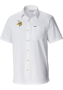 Columbia Minnesota Vikings Mens White Heat Seal Slack Tide Camp Short Sleeve Dress Shirt