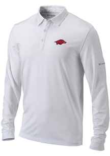Columbia Arkansas Razorbacks Mens White Heat Seal Omni Wick Pin High Long Sleeve Polo Shirt