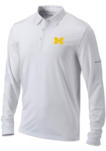 Columbia Michigan Wolverines Mens White Heat Seal Omni Wick Pin High Long Sleeve Polo Shirt