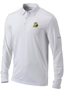 Columbia Oregon Ducks Mens White Heat Seal Omni Wick Pin High Long Sleeve Polo Shirt