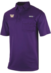 Columbia Washington Huskies Mens Purple Heat Seal Omni Wick Flycaster Short Sleeve Polo