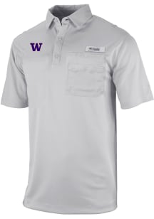 Columbia Washington Huskies Mens Grey Heat Seal Omni Wick Flycaster Short Sleeve Polo