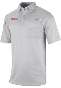 Columbia Wisconsin Badgers Mens Grey Heat Seal Omni Wick Flycaster Short Sleeve Polo