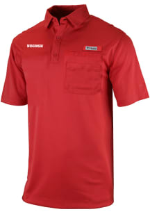 Columbia Wisconsin Badgers Mens Red Heat Seal Omni Wick Flycaster Short Sleeve Polo