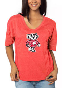 Wisconsin Badgers Womens Red Happy Short Sleeve T-Shirt