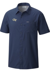 Columbia GA Tech Yellow Jackets Mens Navy Blue Heat Seal Slack Tide Camp Short Sleeve Dress Shirt