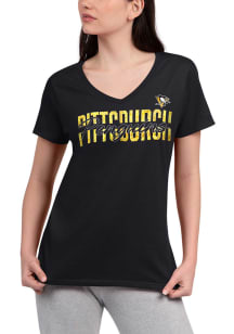 Pittsburgh Penguins Womens Black Fair Catch Script Short Sleeve T-Shirt