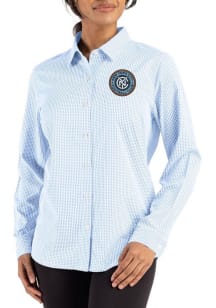 Cutter and Buck New York City FC Womens Epic Confidence Gingham Long Sleeve Light Blue Dress Shirt