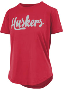 Pressbox Nebraska Cornhuskers Womens Red Script Sequins Short Sleeve T-Shirt