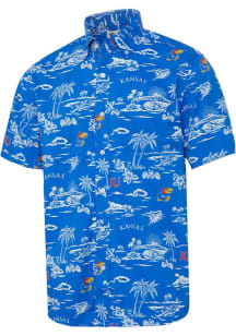 Reyn Spooner Kansas Jayhawks Mens Blue Kekai Design Short Sleeve Dress Shirt