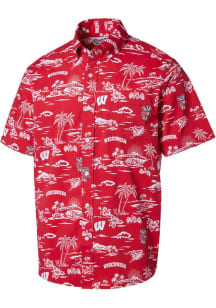 Reyn Spooner Wisconsin Badgers Mens Red Kekai Short Sleeve Dress Shirt