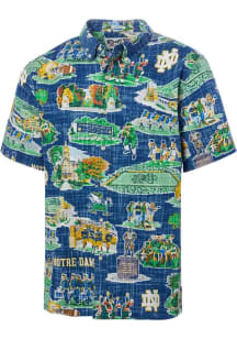 Reyn Spooner Notre Dame Fighting Irish Mens Navy Blue Scenic Button Short Sleeve Dress Shirt