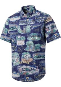 Reyn Spooner Michigan Wolverines Mens Blue Scenic Design Short Sleeve Dress Shirt
