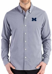 Cutter and Buck Michigan Wolverines Mens Navy Blue Gingham LS Woven Long Sleeve Dress Shirt
