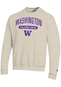 Champion Washington Huskies Mens Oatmeal Powerblend Long Sleeve Crew Sweatshirt