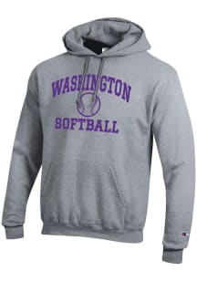 Champion Washington Huskies Mens Grey Softball Powerblend Long Sleeve Hoodie