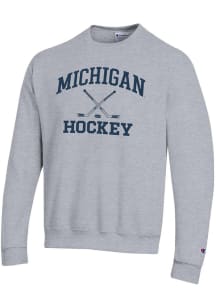 Champion Michigan Wolverines Mens Grey Hockey Powerblend Long Sleeve Crew Sweatshirt