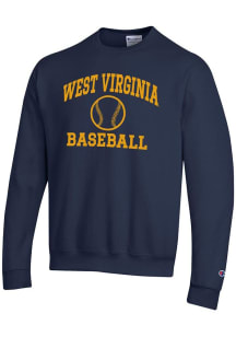 Champion West Virginia Mountaineers Mens Navy Blue Baseball Powerblend Long Sleeve Crew Sweatshirt