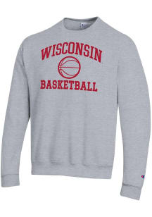 Champion Wisconsin Badgers Mens Grey Basketball Powerblend Long Sleeve Crew Sweatshirt