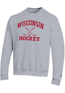 Champion Wisconsin Badgers Mens Grey Hockey Powerblend Long Sleeve Crew Sweatshirt