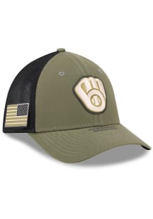 New Era Milwaukee Brewers Mens Olive 2026 MLB Armed Forces Day 39THIRTY M Crown Flex Hat