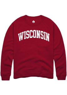 Rally Wisconsin Mens Red Arched Wordmark Long Sleeve Crew Sweatshirt