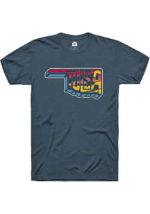 Rally Tulsa Navy Blue State Shape Wordmark Short Sleeve Fashion T Shirt
