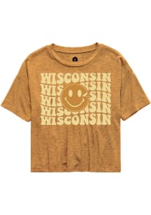 Rally Wisconsin Womens Gold Cheese Smiley Short Sleeve T-Shirt