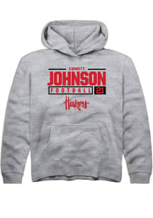 Emmett Johnson  Rally Nebraska Cornhuskers Youth Grey NIL Stacked Box Long Sleeve Hoodie