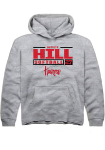 Natalia Hill  Rally Nebraska Cornhuskers Youth Grey NIL Stacked Box Long Sleeve Hoodie