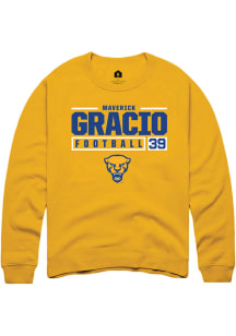 Maverick Gracio  Rally Pitt Panthers Mens Gold NIL Stacked Box Long Sleeve Crew Sweatshirt