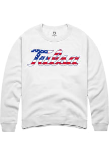 Summit Sportswear Tulsa Golden Hurricane Mens White US Flag Long Sleeve Crew Sweatshirt
