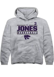 Cj Jones  Rally K-State Wildcats Youth Grey NIL Stacked Box Long Sleeve Hoodie