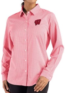 Cutter and Buck Wisconsin Badgers Womens Epic Confidence Gingham Long Sleeve Red Dress Shirt