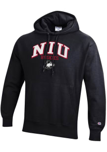 Champion Northern Illinois Huskies Mens Black Arch Mascot Logo Reverse Weave Long Sleeve Hoodie