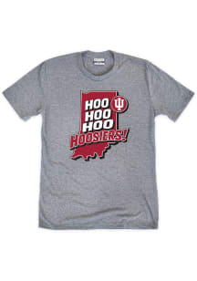 Indiana Hoosiers Grey Hoo Hoo Hoo Hoosiers State Outline Short Sleeve Fashion T Shirt