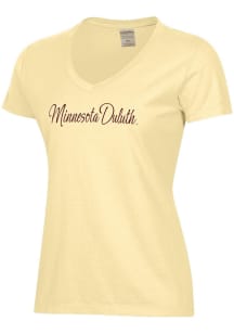 ComfortWash UMD Bulldogs Womens Yellow Garment Dyed Script Short Sleeve T-Shirt