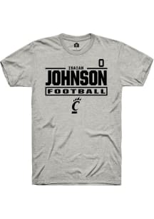 Isaiah Johnson Cincinnati Bearcats Ash Football NIL Stacked Box Short Sleeve Player T Shirt