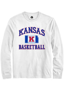 Rally Kansas Jayhawks White Kansas Basketball State Shape Flag Long Sleeve T Shirt